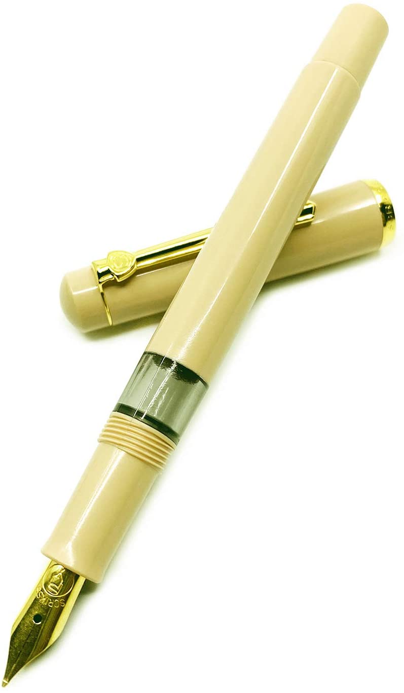 Scrikss 419 Legendary Fountain Ink Pen with Gold Plated Iridium Medium Nib - Trims Scratch Resistant Acrylic Glossy Beige Barrel - Screw Cap, Piston Ink Filling System