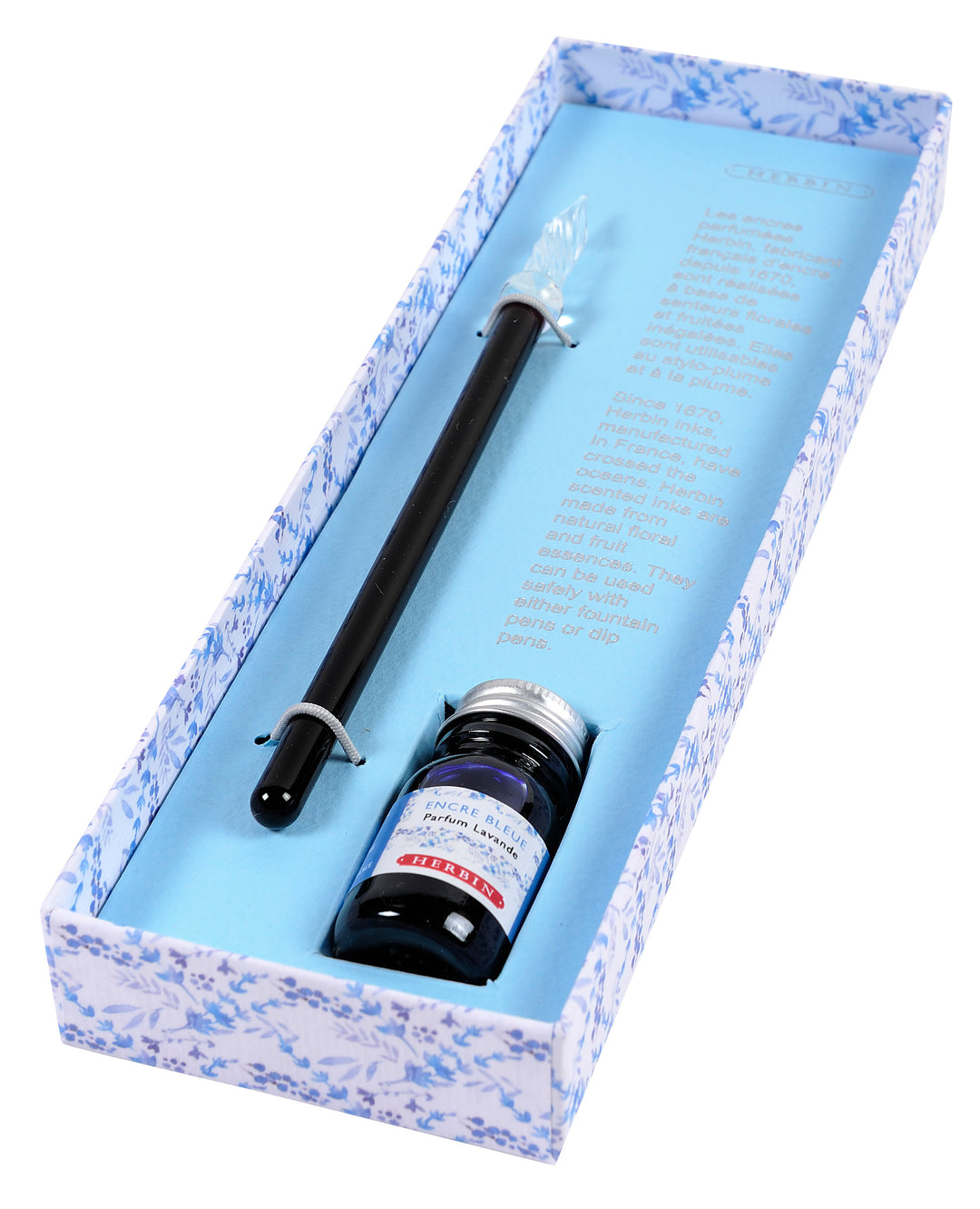 Herbin Set of Lavender Scented Ink Bottle & Small Blue Glass Pen