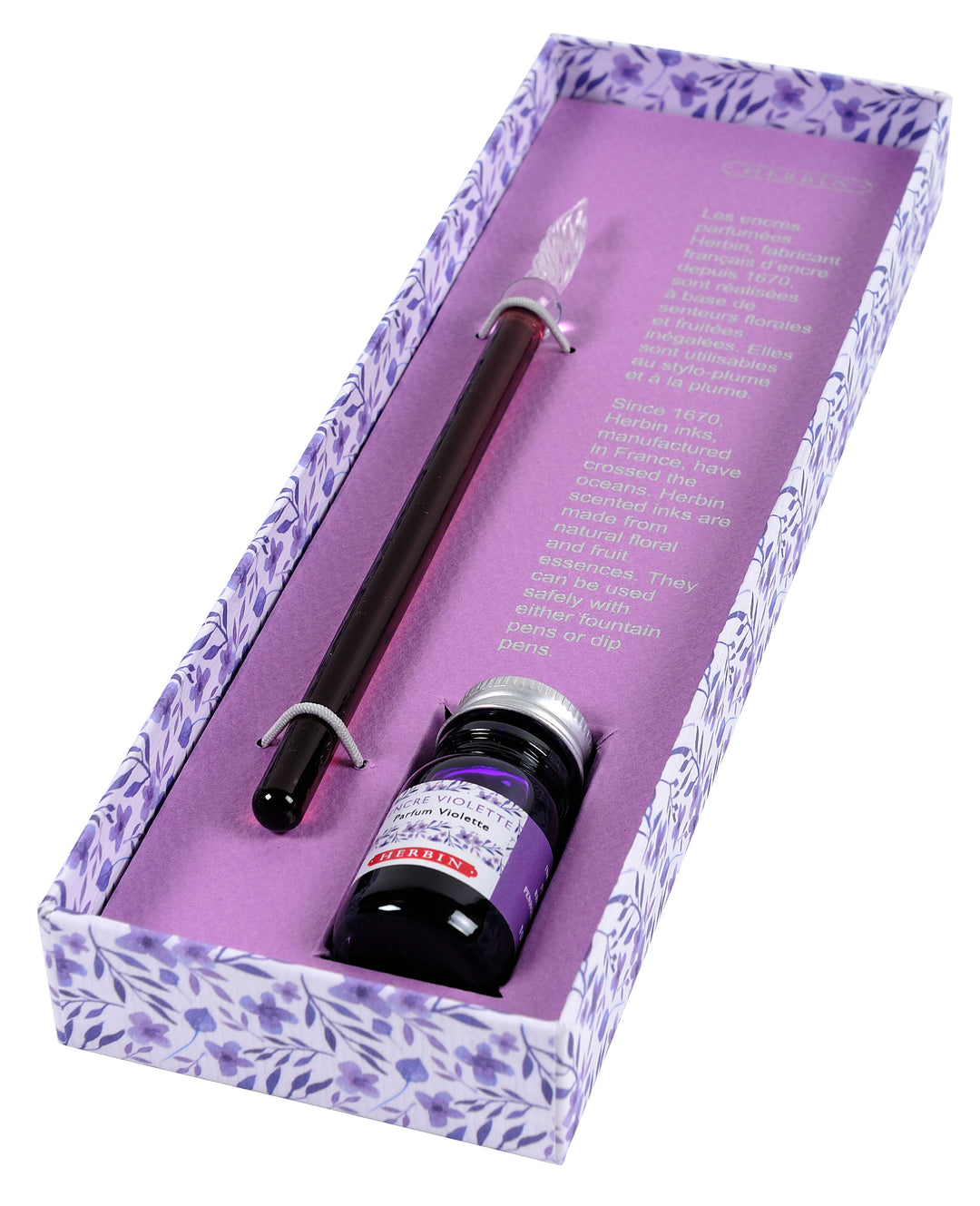 Herbin Set of Violet Scented Ink Bottle & Small Glass Pen
