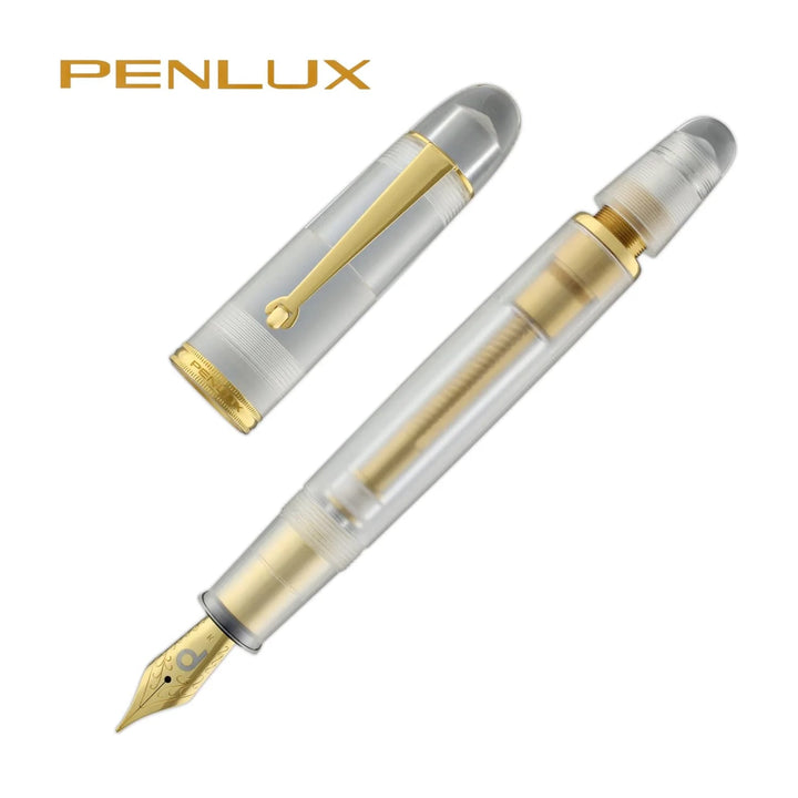Penlux Masterpiece Grande Great Natural Fountain Ink Pen | Cloudy Bay (Clear) Body Gold Trims | Piston Filling | No. 6 Jowo Nibs