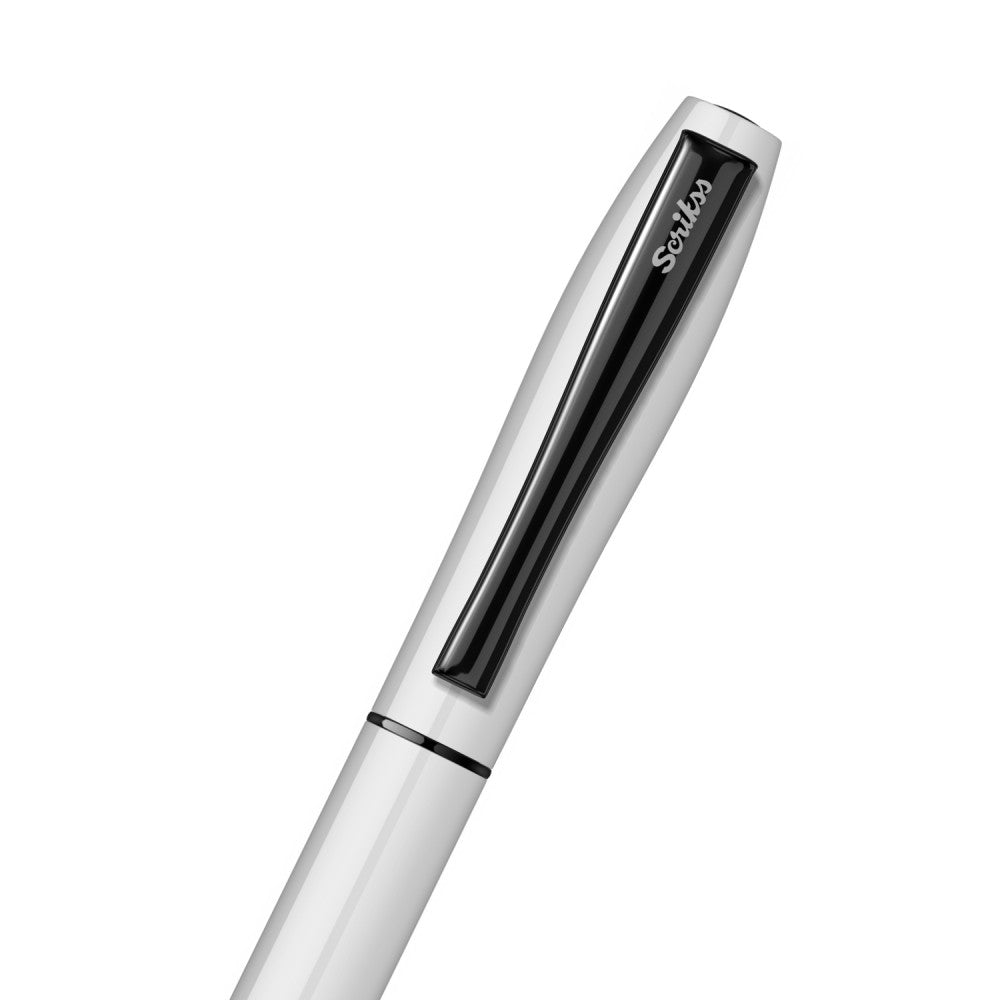 Scrikss Carnival 0.7mm Roller Ball Point Pen - Glossy White Stainless Steel Barrel - Cap, Layered With Epoxy Paint, Stainless Steel Clip With Glossy Black Lacquer, ABS Black Grip